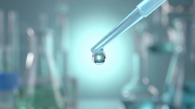 Antimicrobial resistance research in laboratory with liquid droplet held by pipette and scientific glassware creating sterile atmosphere