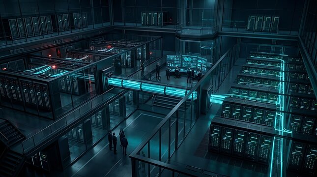 High angle perspective of multi-level dark security control center featuring glass walkways, central glowing cyan data conduits, operator workstations, and server rack rows.