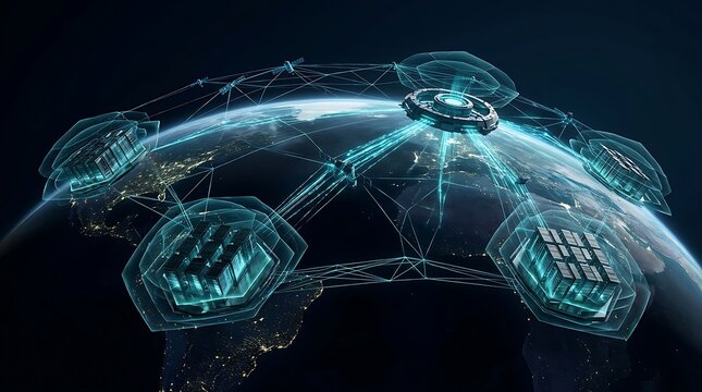 Glowing cyan network map floating over planet earth showing interconnected node panels containing server racks and cloud data icons against dark space background.