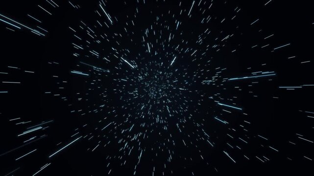 Blue-white light streaks radiate outward from a central point in a black void