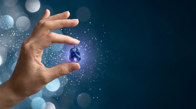 Female hand holding magical glowing blue crystal pendant against dark background with sparkling dust and bokeh. Fantasy jewelry and precious gemstone concept