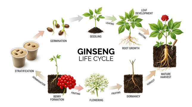 Ginseng life cycle diagram showing the stages of growth from seed to mature plant, including germination, seedling, root growth, flowering, and berry formation