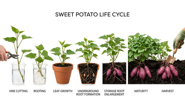 The full life cycle of a sweet potato plant shown from cutting to harvest. The image shows the stages of vine cutting, rooting, leaf growth, underground root formation, storage root enlargement.