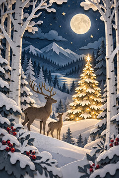 Paper Art Winter Forest at Night