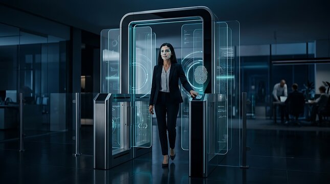 Businesswoman in black suit walking through futuristic glass security gate with holographic scanner interface display inside modern corporate office lobby technology environment.