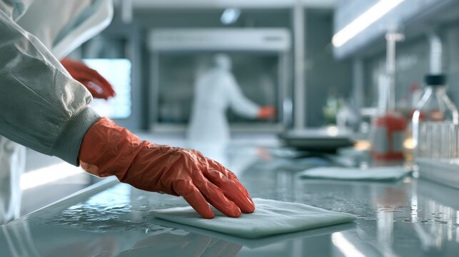 Worker Responding to Chemical Solvent Spill in Laboratory Environment with Safety Gear and Cleaning Supplies