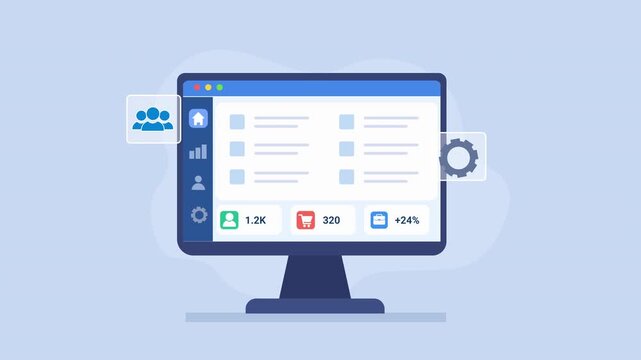 Animated video showing a computer monitor with a digital data management dashboard, user collaboration, task lists, and settings elements on a soft blue background.