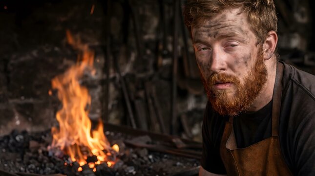Tired blacksmith sitting near burning coal forge fire