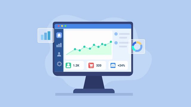 Animated video showing a computer monitor with a business analytics dashboard featuring a rising line chart, data points, and performance indicators on a soft blue background.