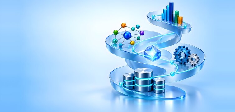 Digital workflow spiral displaying data analytics charts server database and network node connection for tech strategy