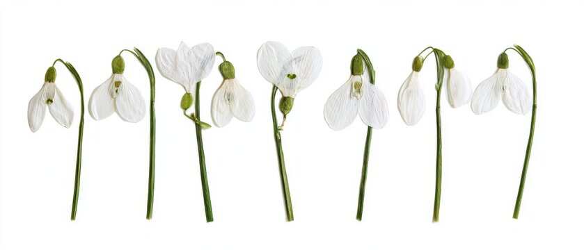 Dried white snowdrops with green stems, spring pressed botanicals, pure white background