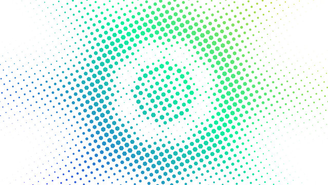 Abstract blue and green halftone radial pattern background on white