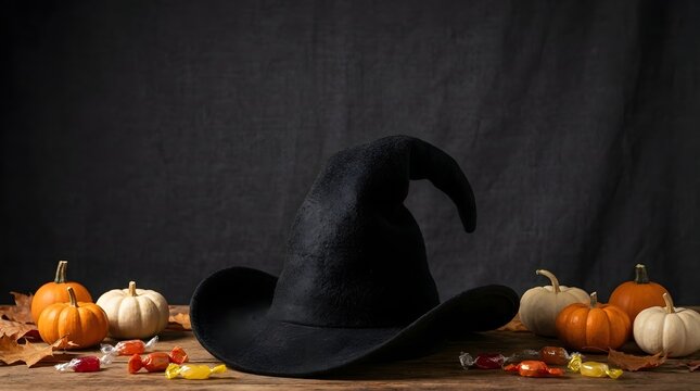 Black witch hat with pumpkins and candies on a wooden table for Halloween celebration