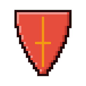 Pixel Art Red Shield with Yellow Cross Retro Video Game Asset Icon Isolated on White Background