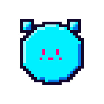 Cute Pixel Art Blue Slime Monster and Gaming Sprite Character on White Background