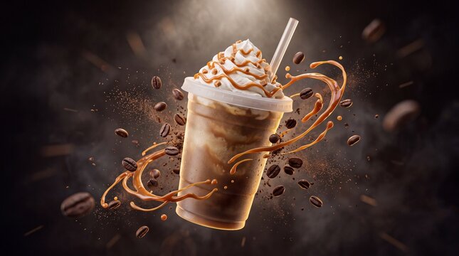 A delicious iced coffee drink, adorned with whipped cream and caramel drizzle, floats dynamically amidst swirling coffee beans and cocoa powder, creating an enticing visual spectacle.