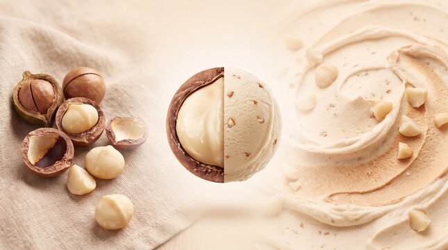A delectable split of macadamia nuts and creamy ice cream, showcasing the rich texture and nutty essence of this delightful treat.