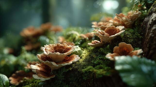 Colorful Fantasy Mushrooms Growing on Mossy Forest Floor with Water Droplets