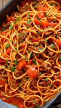Close-up of spaghetti with tomato sauce, ground meat, and fresh parsley in a dark baking dish