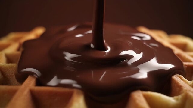 Macro video of melted chocolate flowing in slow motion over a waffle, creating deep shadows and rich glossy highlights