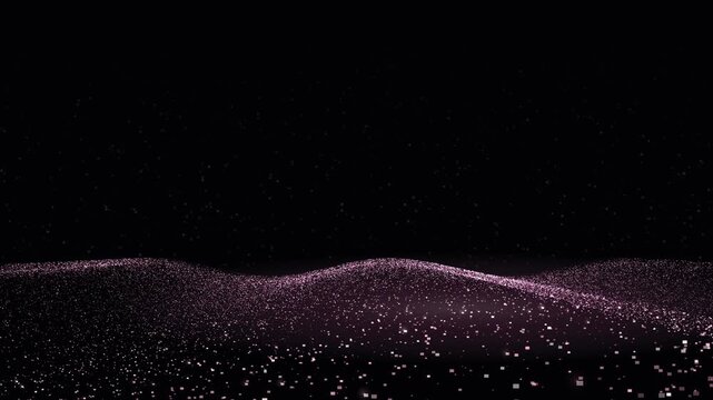 Rose quartz particle wave flows horizontally across a black background