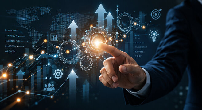 AI generated business professional interacting digital gears growth charts global network analytics representing innovation strategy automation business success