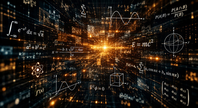 AI generated futuristic data tunnel filled glowing mathematics equations physics formulas graphs geometry scientific symbols representing advanced research technology