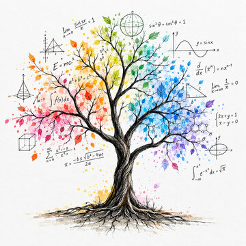 AI generated colorful knowledge tree surrounded by mathematical formulas graphs geometry scientific symbols representing education learning creativity academic growth
