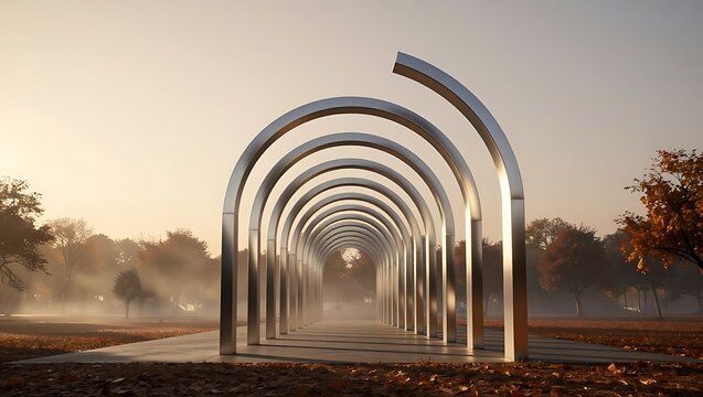 A captivating series of gleaming metallic arches forms an inviting tunnel, extending into the soft morning mist within an autumnal park.