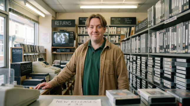 Smiling Man in a 1990s-Style Video Rental Store