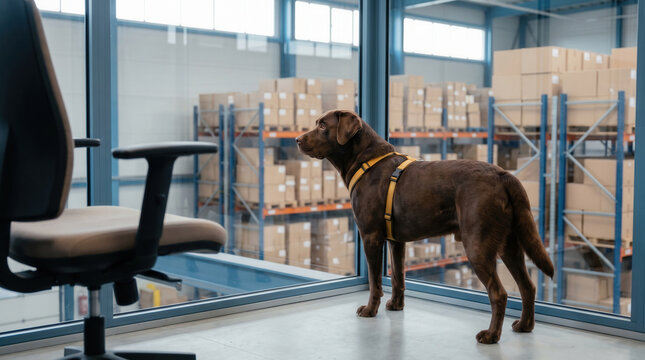 Brown Dog Wearing a Yellow Harness in a Warehouse Office