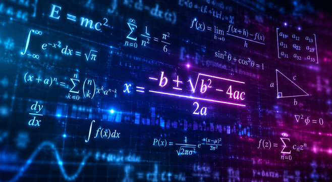 AI generated glowing mathematics formulas quadratic equations calculus geometry matrices scientific symbols futuristic digital technology background