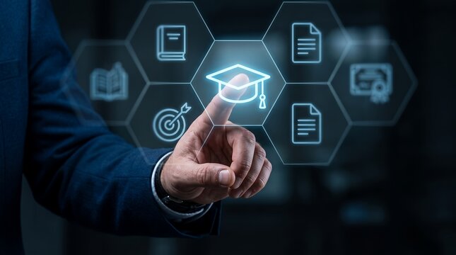 Business man touching glowing graduation cap icon on futuristic virtual screen with multiple study and learning symbols in digital interface concept education student technology