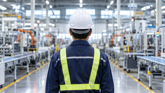 Worker in safety gear inspects a modern, automated factory with robotic arms and advanced machinery in a brightly lit industrial environment.
