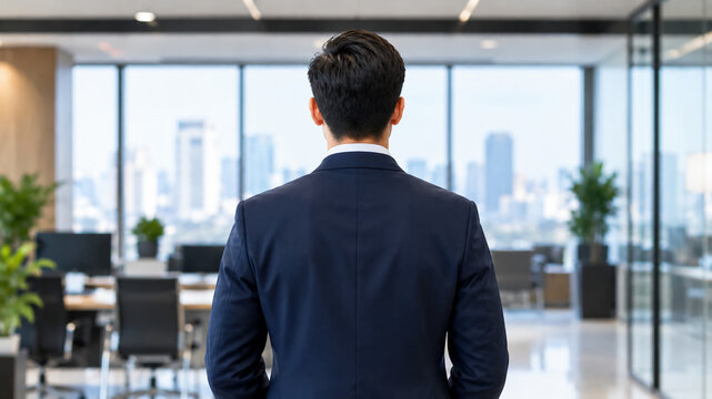 A businessman in a suit stands facing a large window overlooking a modern cityscape from an office interior.