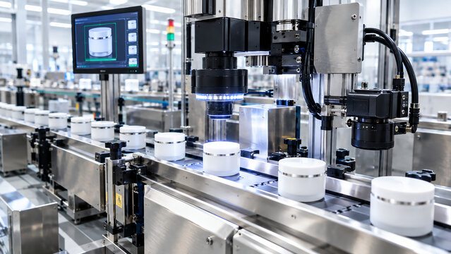 Automated production line with robots inspecting white containers, using cameras and screens in a modern industrial setting.