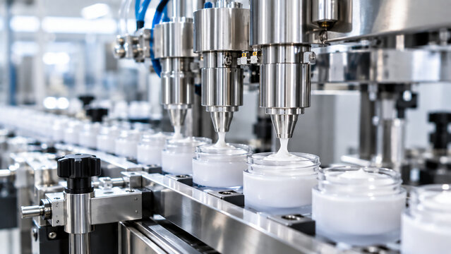 Automated machinery fills jars with cream in a clean, high-tech production line setting.