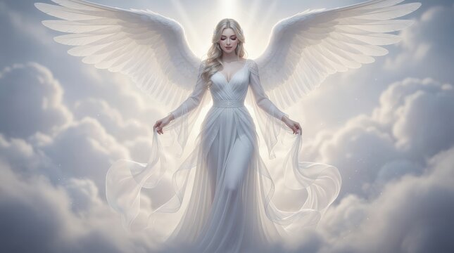 A graceful angelic woman with flowing white robes and expansive wings stands serenely amidst glowing clouds and soft light.