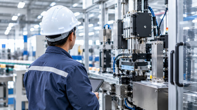 A worker in a hard hat operates and monitors industrial machinery in a modern, well-lit factory setting.
