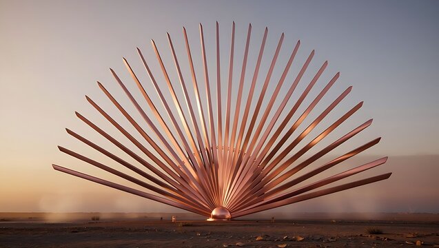 A breathtaking, large-scale rose gold fan-like sculpture stands majestically in an open desert landscape, radiating warm hues under the soft light of a sunset.