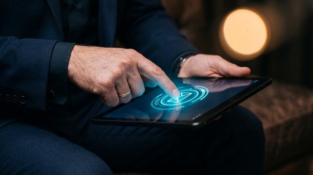 Businessman touching interactive futuristic digital tablet screen showing glowing message icon interface while sitting indoors wearing elegant dark suit during corporate meeting activity