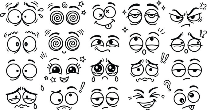 Cartoon eyes vector expression set with funny comic faces showing surprised angry sad crying and outline doodle emotions