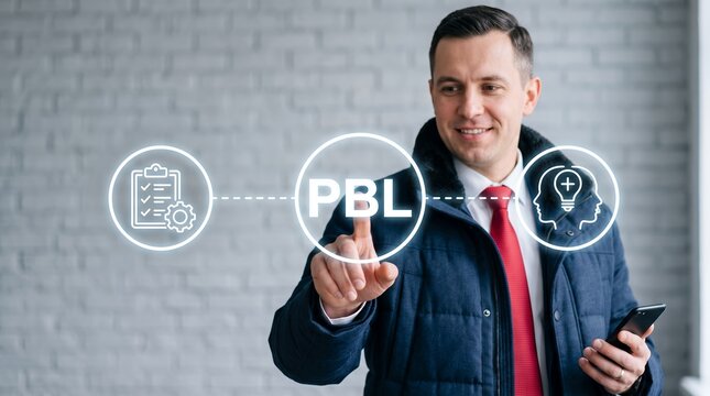 A smiling professional businessman in winter jacket points his finger toward digital interface screen displaying concept icons and acronym text while holding mobile phone indoors