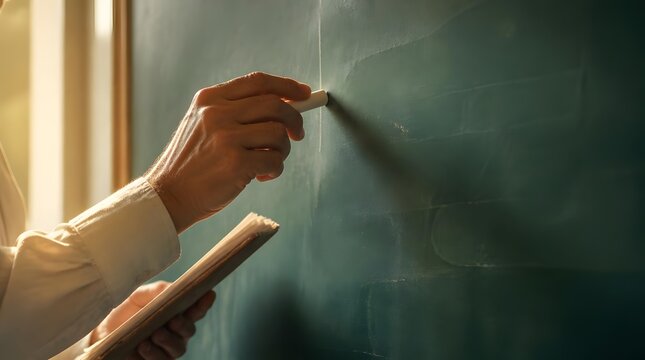 Teacher holding chalk writing on old blackboard under warm sunlight classroom scene hands close up realistic