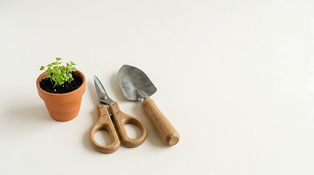 Small potted plant with gardening tools on a white background.