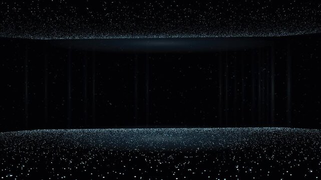 Silver particles drift and swirl in a dark cavern illuminated by faint vertical light streaks