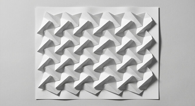White paper sheet folded into repeating auxetic origami tessellation pattern with sharp geometric shadows in flat lay architectural style for engineering design and materials science concept