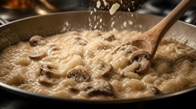 Creamy mushroom risotto being stirred by wooden spoon in kitchen pan close up appetizing texture