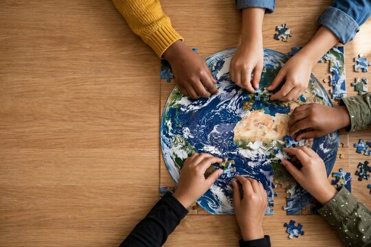 A group of children's hands with puzzle pieces on a table, highlighting the importance of togetherness on Children's Day