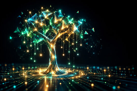 AI generated glowing digital tree geometric crystal canopy luminous network branches circuit ground symbolizing futuristic technology innovation connected intelligence